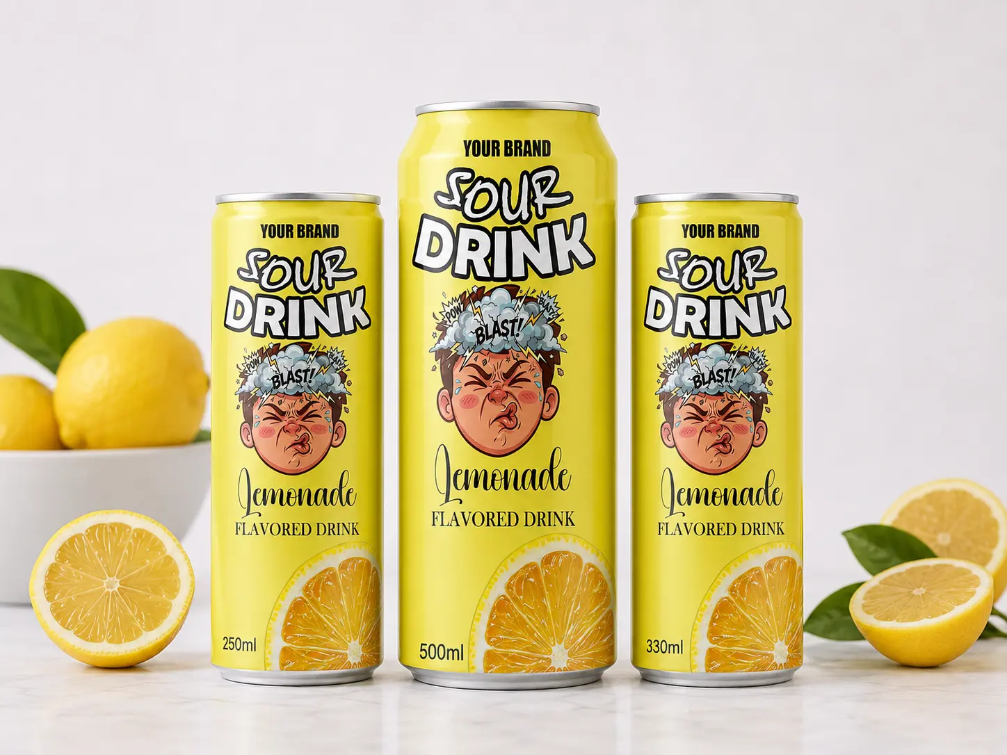 SOUR DRINK Lemonade Flavored Drink in 250ml, 500ml, and 330ml cans.
